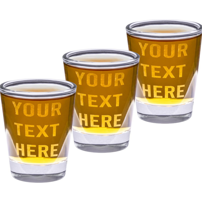 Four shot glasses with 'Your Text Here' text on a white background