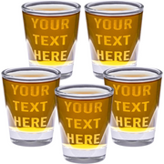 Five shot glasses with 'Your Text Here' text on a white background