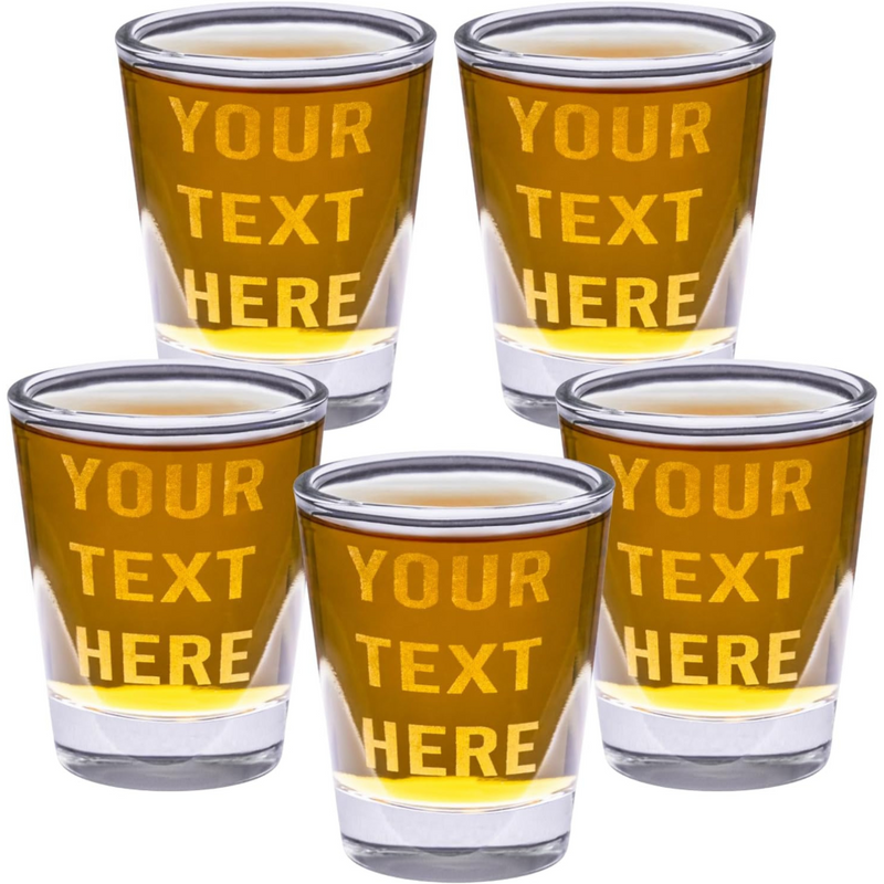 Five shot glasses with 'Your Text Here' text on a white background