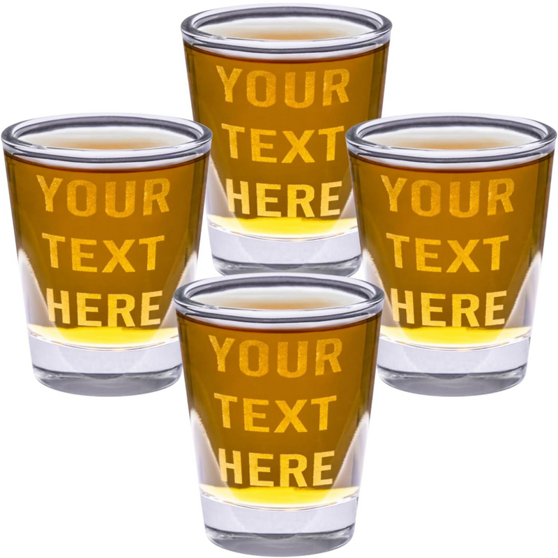 Four shot glasses with 'Your Text Here' text on a white background