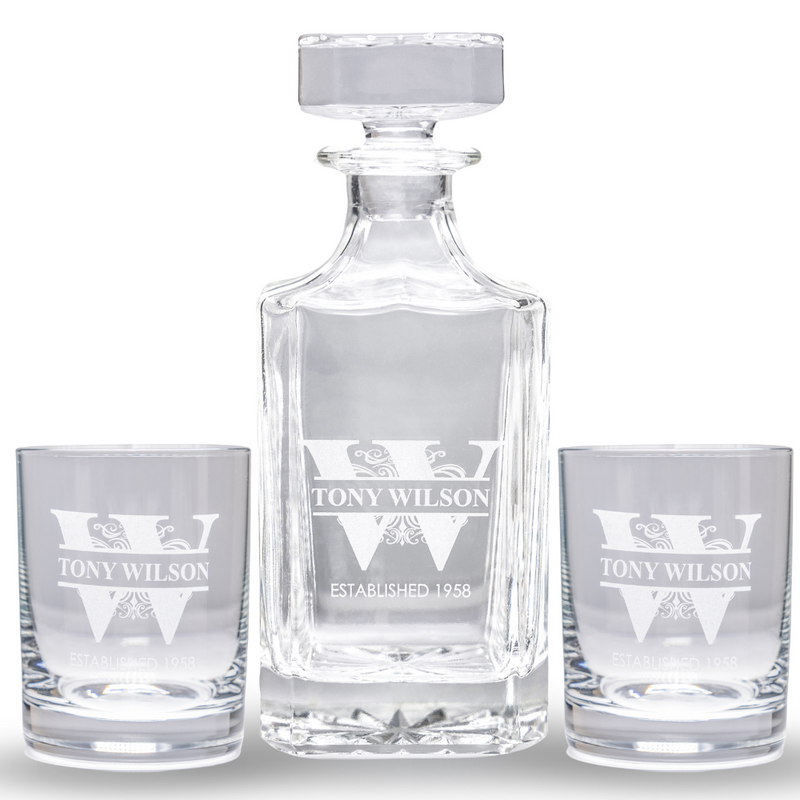 Engraved Whiskey Decanter Set with 2 Glasses