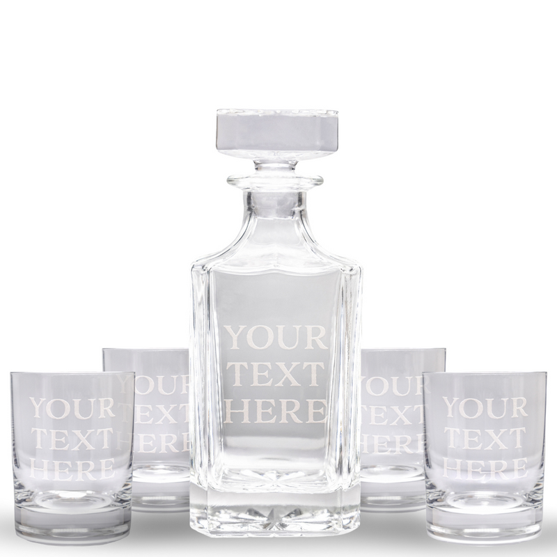 Custom Text Whiskey Decanter & 4 Glasses Set