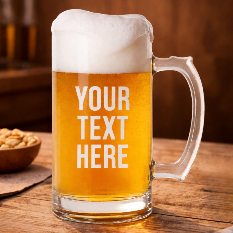 Glass mug of beer with 'Your Text Here' text on a wooden table.