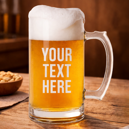 Glass mug of beer with 'Your Text Here' text on a wooden table.