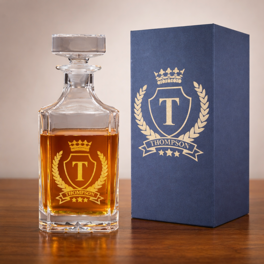 Glass decanter with brand logo next to a matching blue box on a wooden surface.