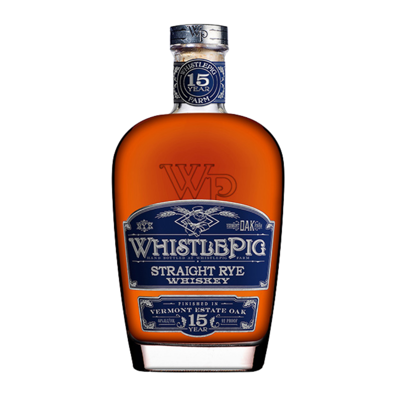 WhistlePig Straight Rye Whiskey bottle with blue label on a white background