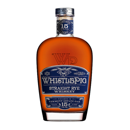 WhistlePig Straight Rye Whiskey bottle with blue label on a white background