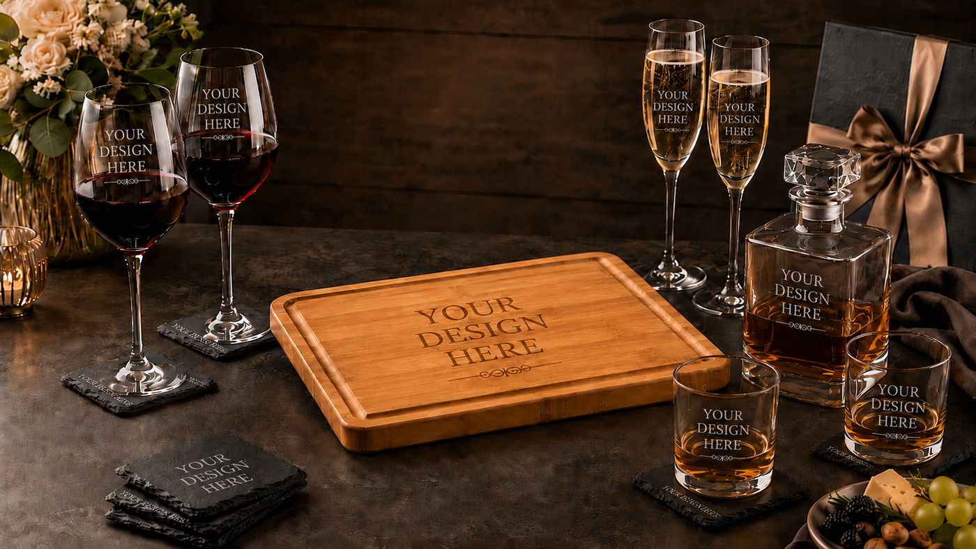 engraved wine glasses, champagne flutes,  decanter set, cutting board, slate coasters, and more displayed on a lifestyle background