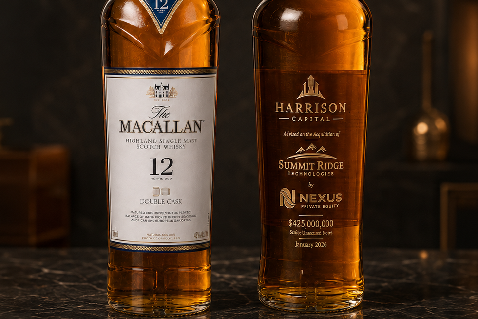 Two bottles of whiskey, one labeled 'Macallan' and the other 'Harrison', on a reflective surface with a dark background.