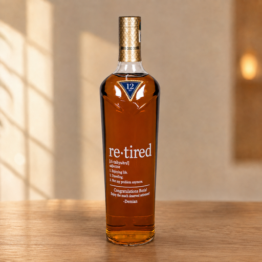A bottle of Dométin 're-tired' 12-year-old single malt whisky stands on a wooden table against a softly blurred background with warm sunlight and window shadows.